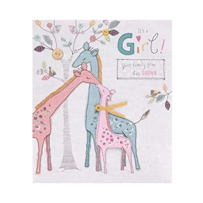 Image of UK Greetings New Baby Card For Girl With Envelope Giraffe Family Design