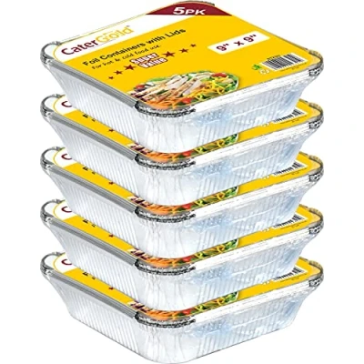Image of Catergold Aluminium Food Container with Lid Silver Foil Tray Disposable Reusable Roasting (25Pcs Value Pack 9&#039;&#039;x9&#039;&#039;)