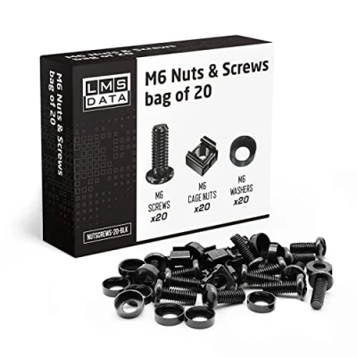 Image of LMS Data M6 Cage Nuts Screws and Washers Set Assortment Bolts Kit for Rack Mount Cabinets, Server Shelves Fixing Installation (Black, 20)