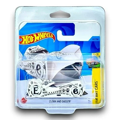 Image of Hot Wheels Cloak and Dagger (White &amp; Black) 10/10 HW Art Cars 2023 157/250 (Short Card) COMES IN A KLAS CAR KEEPER PROTECTOR COLLECTORS CASE HKK19