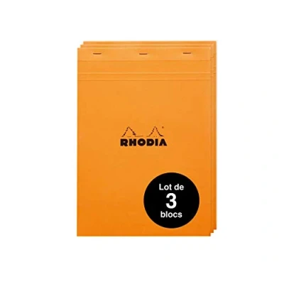 Image of Rhodia 18200AMZC Pack of 3 Stapled Notepads with Header No. 18 Orange A4 (21 x 29.7 cm) 80 Detachable Sheets Small Squares 5 White Clairefontaine Paper g/m²