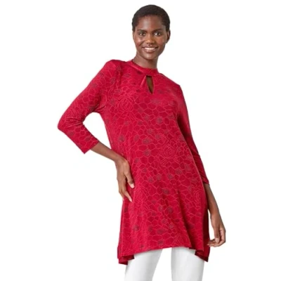 Image of Roman Womens Textured Print Keyhole Tunic Stretch Top Red Size 10 UK