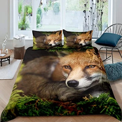 Image of Fox Print Duvet Cover 3D Wild Animal Theme Bedding Set Woodland Comforter for Boys Girls Kids Room Decor Lightweight Nature Wildlife Pattern Bedspread King Size With 2 Pillow Case