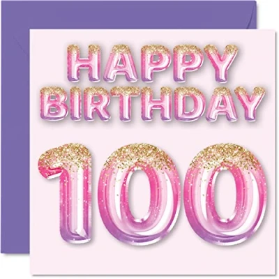 Image of 100th Birthday Card for Women Pink &amp; Purple Glitter Balloons Happy Cards 100 Year Old Woman Mum Great Nanny Grandma Gran, 145mm x One Hundred Hundredth Greeting Gift