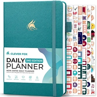 Image of Clever Fox Daily Planner 2nd Edition Undated Time Block Task Organizer with Hourly Schedule &amp; To do list A5, 6 Months (Aquamarine)