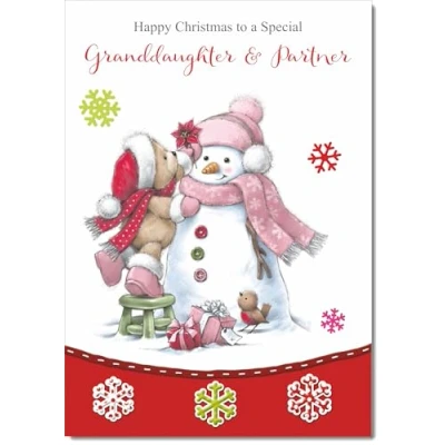 Image of doodlecards Granddaughter and Partner Christmas Card Cute Bear with Snowman Medium Size for &amp; Plain Envelope
