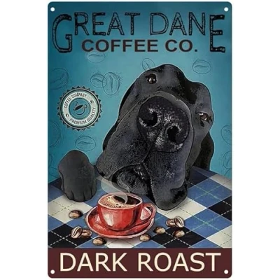 Image of Great Dane Metal Tin Sign Coffee Co.Dark Roast Funny Poster Cafe Bar Living Room Bathroom Kitchen Home Art Wall Decoration Plaque Gift