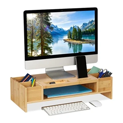 Image of Relaxdays Monitor Stand Bamboo, Screen Raiser with Compartments, HWD 15.5 x 62.5 28cm, Display Base Desk, Natural Wood, 1