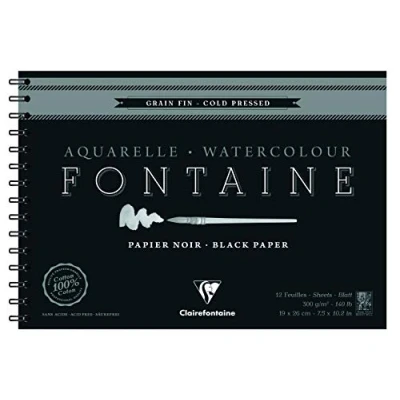 Image of Clairefontaine Ref 975313C Fontaine Cold Pressed Black Watercolour Wirebound Pad (12 Sheets) 19 x 26cm Size, 300gsm Paper Suitable for Artwork