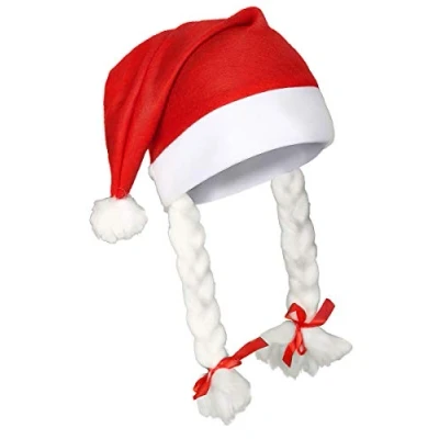 Image of Set of 2 Santa Hat with Plaits &amp; Ribbon Mrs Miss Claus Xmas Fancy Dress Party Accessories Fun