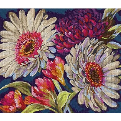 Image of Dimensions Fabulous Florals Gold Collection Counted Cross Stitch Kit, 14 Ct. Navy Aida, Finished Project 14&quot; x 12&quot;, Multicolor 4 Piece