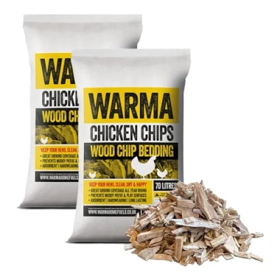 Image of Warma 140L Premium Chicken Wood Chips Hardwood Chippings Poultry Bedding Coops Hens Run Animal Pens Garden Boarders Path Walkways Ground Covering Kids Outdoor Childrens Play Areas 2 x 70Ltr Bags
