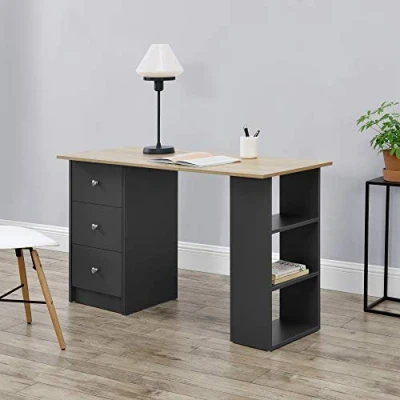Image of [en.casa] desk Lemberg 120 x 50 72 cm with 3 shelves and drawers Office Computer PC table Dark grey/Wood look