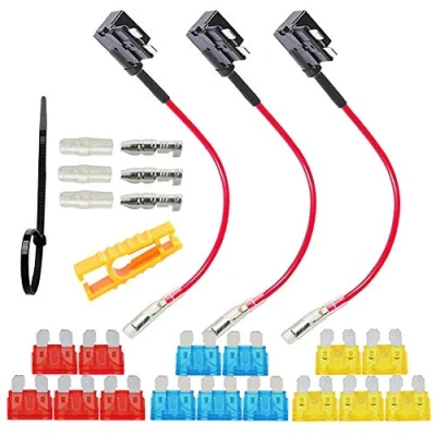 Image of QitinDasen 3Pcs Premium ACU Medium Add A Circuit Fuse Tap, Piggy Back Blade Holder Kit with Wire Harness, Free 15Pcs Standard Fuses, 1Pcs Puller, 5Pcs Ties (12V / 24V)