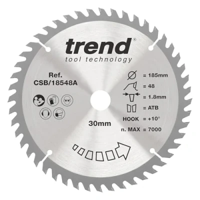 Image of Trend Wood Cordless Circular Saw Blade, 185mm Diameter, 30mm Bore, 48 Teeth, 1.8mm Kerf, +10 Hook, TCT, Fine Finish, CSB/18548A
