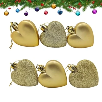 Image of UKDeals Direct® Gold Colour Christmas Tree Decorations Collection Baubles Hearts Droplets Topper Tinsel in Glitter &amp; matte (6pc Heart Matte)