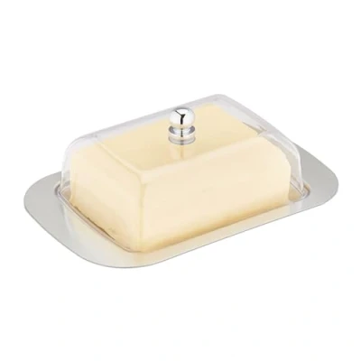 Image of Relaxdays Butter Dish with Lid, Stainless Steel &amp; Plastic, for 250 g, 7 x 18.5 12 cm, Container, Silver/Transparent