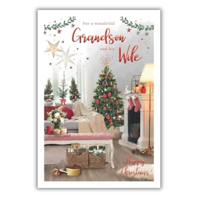Image of ICG Grandson and His Wife Christmas Card, Single Cards with Decorative Tree Artistic Festive Design Special Finishes Xmas Envelope