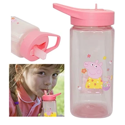 Image of Peppa Pig Straw Sipper Water Bottle 420ml, Non Spill, BPA Free Pink Plastic, Flip Up Spout Square for Kids 6+Months