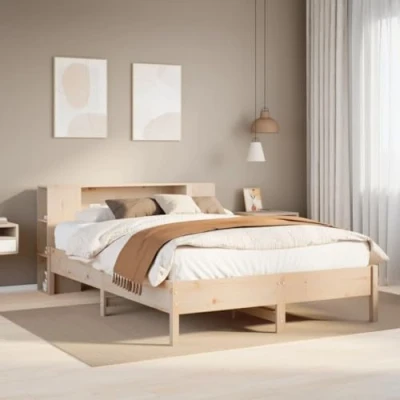 Image of vidaXL Double Solid Pine Wood Bookcase Bed Frame with Slatted Base and Storage Headboard 135x190 cm