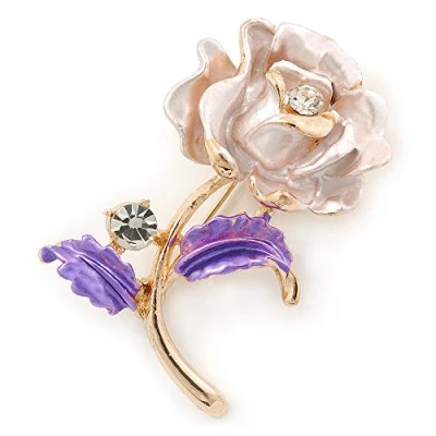 Image of Avalaya Romantic Pink/Purple Crystal Rose Flower Brooch in Gold Plating 52mm L