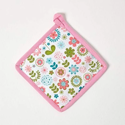 Image of HOMESCAPES Pure Cotton Pot Holder Retro Flower Green Blue 20 x cm Fully Coordinated Washable Kitchen Linen