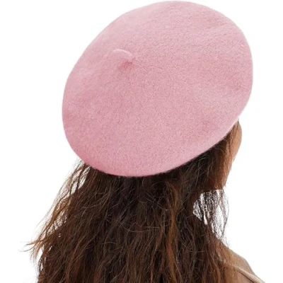 Image of TRIXES French Beret Hat One Size Women Newsboy Cap Wool Classic Autumn Spring Winter Hats Vintage Solid Colour Pink