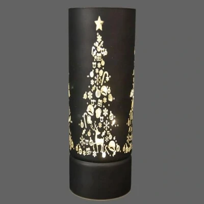 Image of SHATCHI 27cm Christmas Decorated Vase Table Lamp Etched Glass Tube Xmas Grey Cylinder LED Fairy Lights Battery Operated Decoration