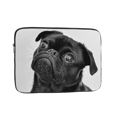 Image of Cute Black Pug Dog Printed Laptop Sleeve For 12 Inch Laptop, Shockproof Oxford Fabric Protective Case Bag