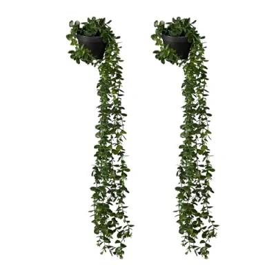 Image of Relaxdays Artificial Hanging Plants, Set of 2, Realistic Faux Eucalyptus, with Pots, Fake Foliage for Decor, Green/Black, Foam, Plastic, 80 x 20 cm
