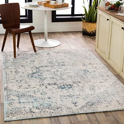 Image of Livabliss Tampa Vintage Rug Area Rugs for Living Room 200x274 cm, Bedroom Scandi Neutral Rug, Traditional Patterned Boho Style, Natural Easy Care Pile Large Blue and Cream