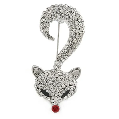 Image of Avalaya Clear Crystal Fox Brooch in Silver Tone Metal 55mm L