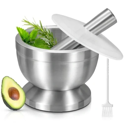 Image of Pestle and Mortar Set, Sopito Stainless Steel Bowl with Lid Anti Slip Base for Herbs, Pills Spices, 10cm(3.9&quot;) Diameter