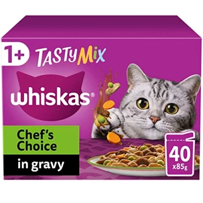Image of Whiskas Tasty Mix 1+Chef&#039;s Choice in Gravy 40 x 85 g Pouches, Adult Cat Food
