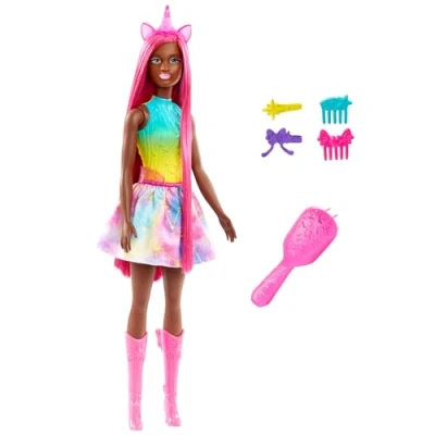 Image of Barbie Unicorn Doll with 7 Inch Long Magenta Fantasy Hair and Colorful Accessories for Styling Play, Headband Tail, HRR01
