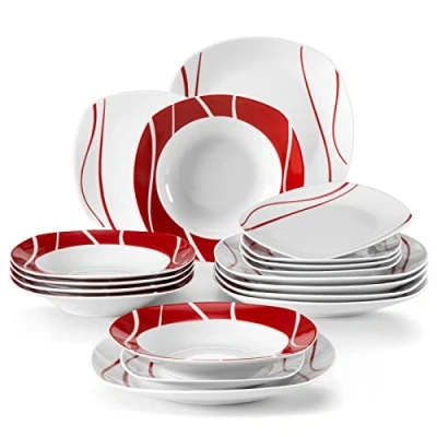 Image of MALACASA Dinner Sets, 18 Piece Red Stripes Porcelain Plates and Bowls Set Dinnerware with 6 Plate/Soup Plate/Dessert Plate, Service for 6, Series Felisa, Ivory White