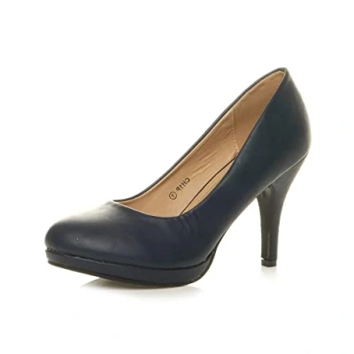 Image of Womens Ladies mid high Heel Platform Work Evening Court Shoes Pumps, Navy Matte, 7 UK