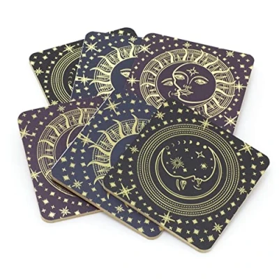 Image of Set Of 6 Sun &amp; Moon Coasters Piece Celestial Stars Square Wooden Drinks Crescent Stylised Cup Mug Table Mats