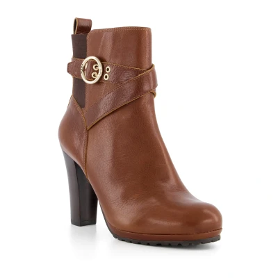 Image of Dune Ladies OREANA Buckle Detail Leather Heeled Ankle Boots Size UK 8 Block Heel Tan