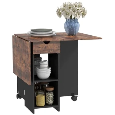 Image of HOMCOM Folding Dining Table, Drop Leaf Table for Small Spaces, Foldable with Drawer and Storage Shelves Kitchen, Room, Rustic Brown