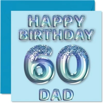 Image of 60th Birthday Card for Dad Blue Glitter Party Balloons Happy Cards 60 Year Old Father from Son Daughter, 145mm x Bday Greeting Gift