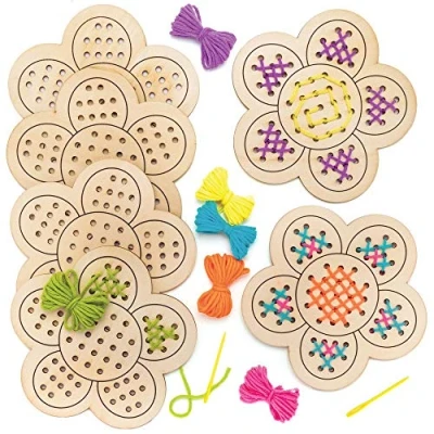 Image of Baker Ross Flower Wooden Threading Kits Pack of 4, Sewing Arts and Crafts, Craft For Kids (AT378)