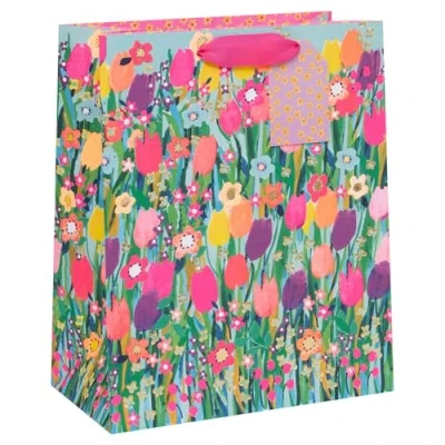 Image of Glick Luxury Gift Bag, Vibrant Colourful Suitable for Mother&#039;s Day and Mums Birthday, Tulips Design, 26w x 31.5h 13.5d cms, Multi Colour