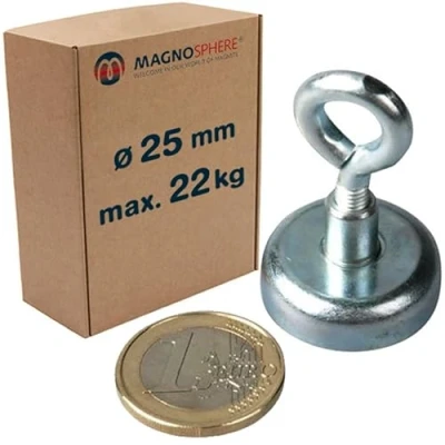 Image of 5 x Neodymium Pot Magnet with Threaded Eyelet Ø 25 mm (NdFeB) Pull 22 kg Pieces Super Strong Rare Earth Clamping Magnets for Home and Industry