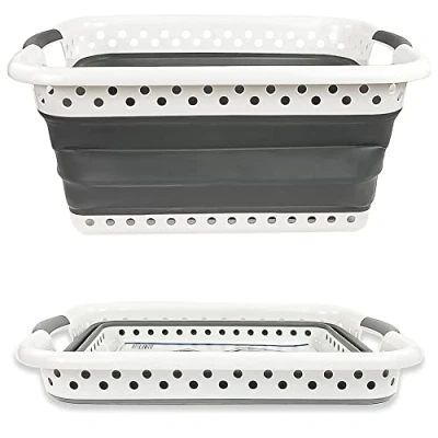 Image of Crystals Foldable Large Collapsible Laundry Basket Pop Up Bin Washing Clothes Multi Purpose Folding Storage Kitchen Garden With Integrated Grip Handles Space Saving Design, Grey