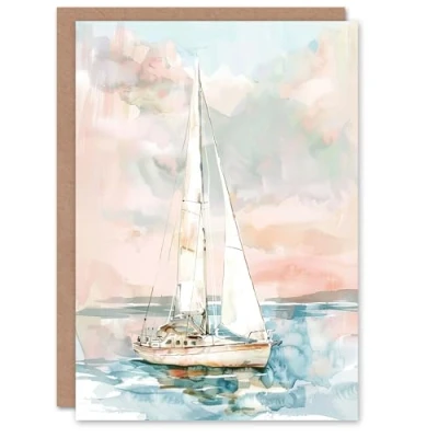 Image of Artery8 Greeting Card Sailboat Early Morning Seascape Watercolour Blank For All Him Or Her Art Birthday