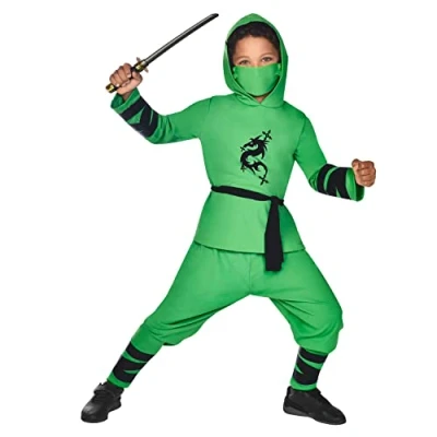 Image of amscan 9918198 9910929 Unisex Kids Ninja Warrior Costume in Green Age: 10 12 Years, Children (na