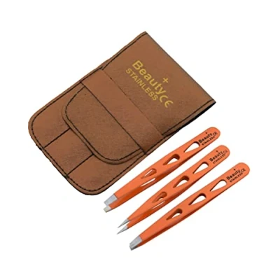 Image of Beauty+ Precision Tweezers Set Pack of 3 with Handy Carry Pouch, Stainless Steel Tweezer Light Weight Handle, Splinter Hair and Facial Remover (Orange Leaf)