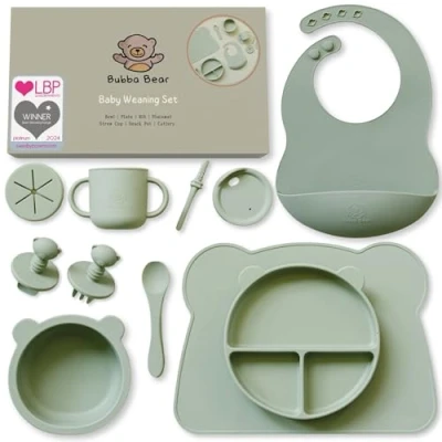 Image of Bubba Bear Baby Weaning Set, Silicone Feeding Plates and Bowls Sets for Babies Bowl, Plate, Bib, Toddler Water Bottle Cup with Straw, Snack Pot &amp; Spoon Cutlery Eating Bundle from 6 Months, 11 pieces