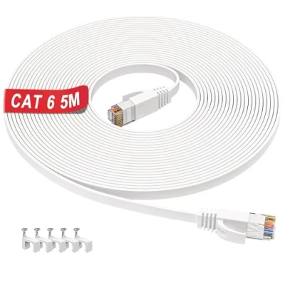 Image of Cat 6 Ethernet Cable 5m, High Speed Internet 5m Flat Network White Gigabit LAN with RJ45 Connectors 10/100/1000Mbit/s, Broadband Patch for Router Switch Modem Xbox PC(5 Clips)